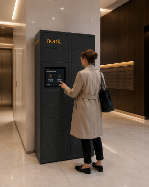 Courier dropping off parcel in nook N16 lobby locker